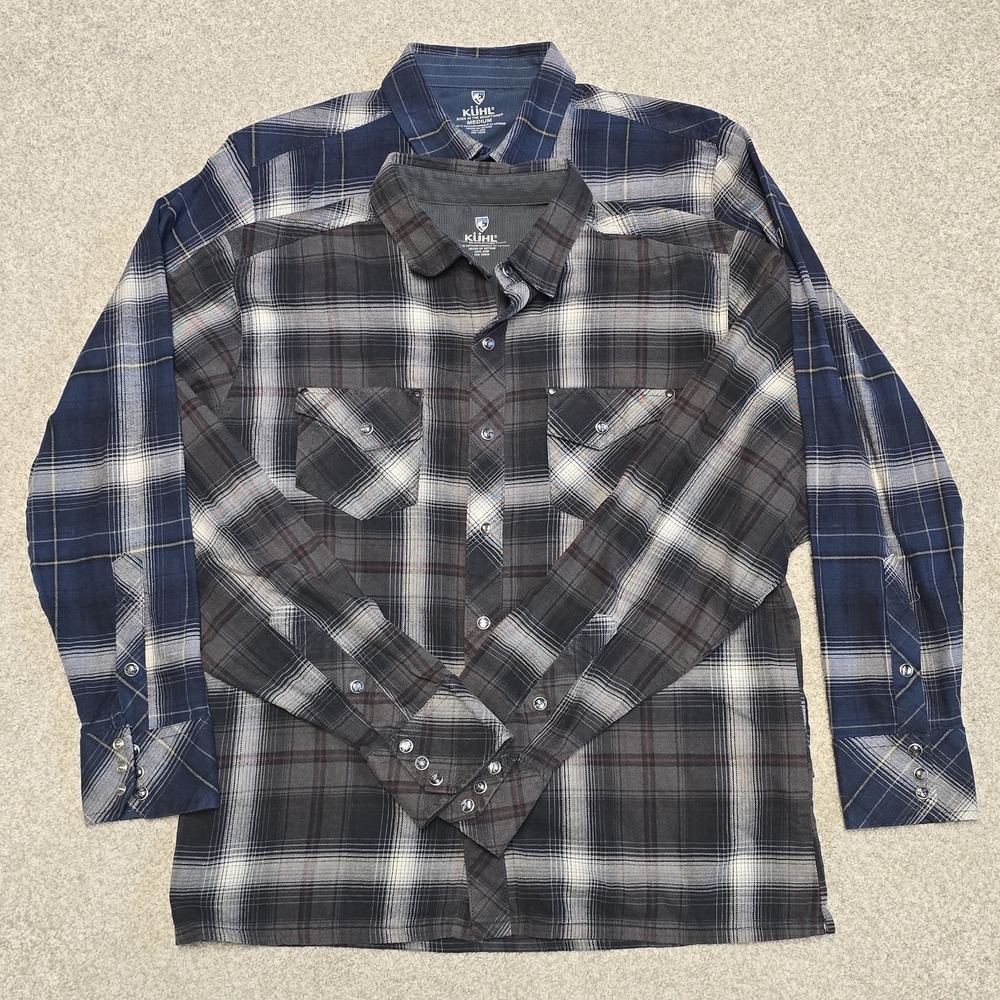 Kuhl Men Lowdown Pearl Snap Western Shirts Blue Gray Plaid Flannel M Cotton 7210
